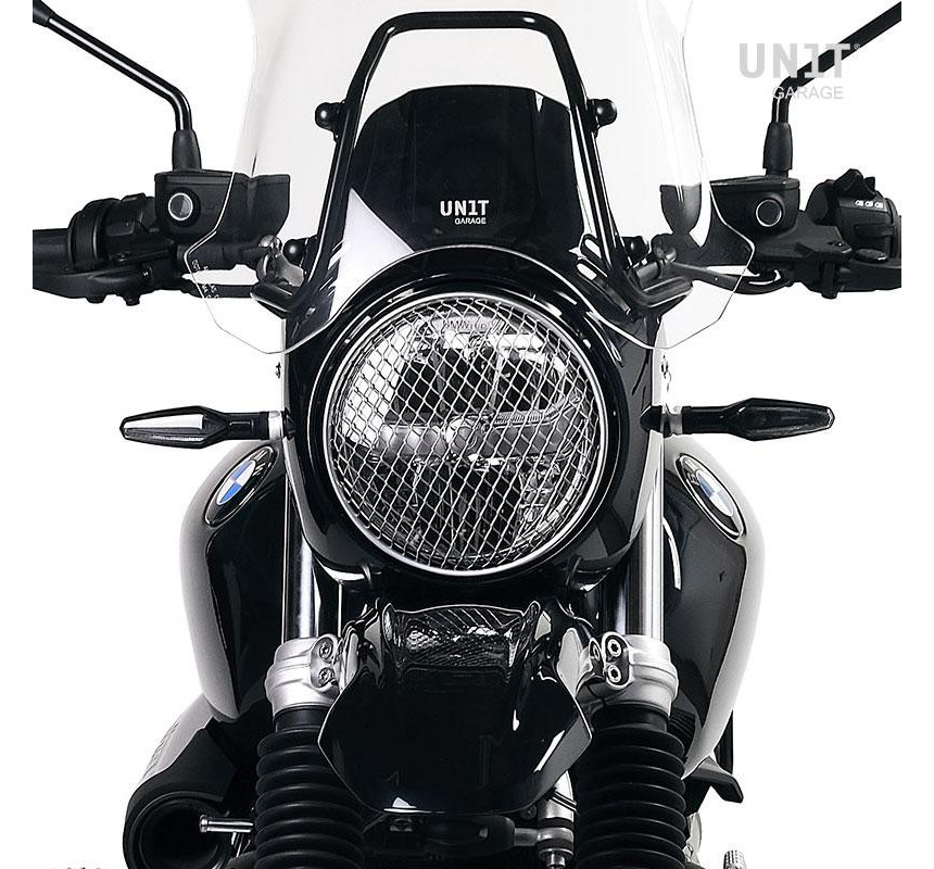 Grey headlight protection grille for the R nineT and R 12 – L'atelier Bleu Motostore