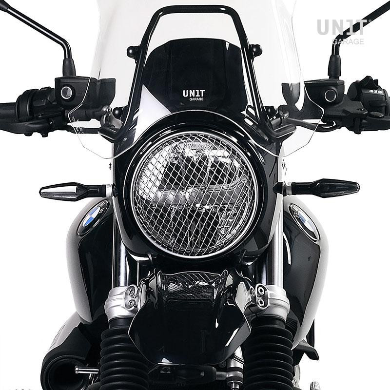 Grey headlight protection grille for the R nineT and R 12 – L'atelier Bleu Motostore