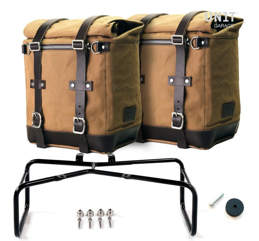 Scram 22L–30L side panniers + R nineT mounts – Beige/Brown – L'atelier Bleu Motostore
