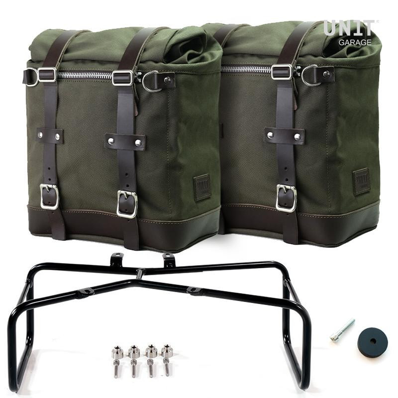 Scram 22L–30L side panniers + R nineT mounts – Green/Brown – L'atelier Bleu Motostore