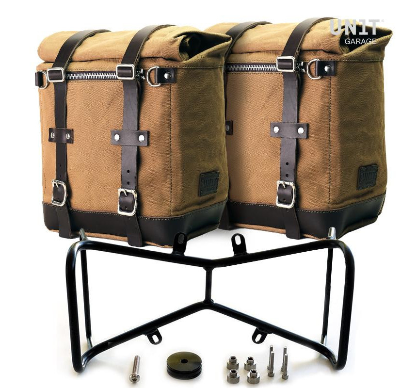 Scram canvas side panniers 22L–30L + brackets (symmetrical) R nineT Beige/Brown – L'atelier Bleu Motostore