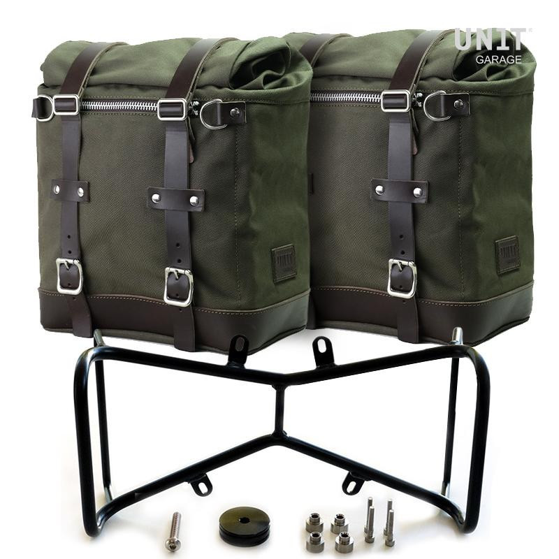Scram canvas side panniers 22L–30L + brackets (symmetrical) R nineT Green/Brown – L'atelier Bleu Motostore