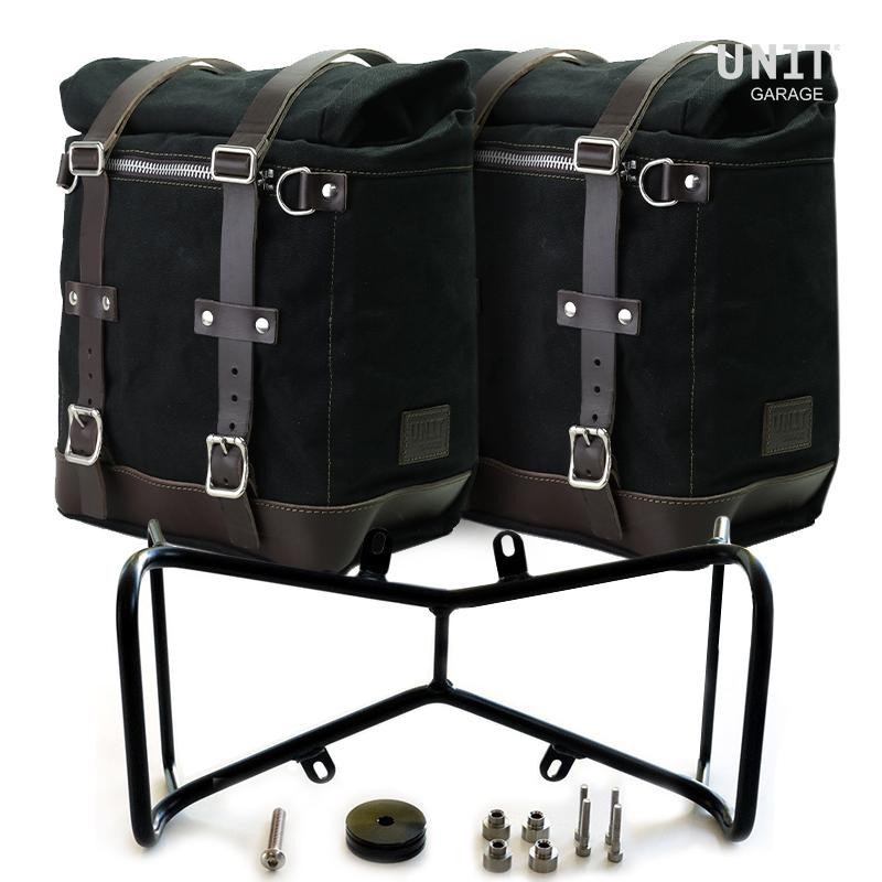 Scram canvas side panniers 22L–30L + brackets (symmetrical) R nineT Black/Brown – L'atelier Bleu Motostore