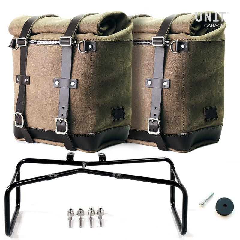 Scram leather side panniers 22L–30L + R nineT MossGrey mounts - L'atelier Bleu Motostore