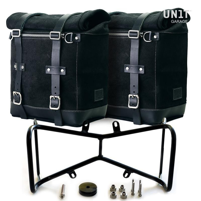 Scram leather side panniers 22L–30L + symmetrical nineT double mount, Jet Black – L'atelier Bleu Motostore