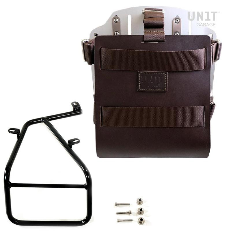 Porte-sacoche latéral en cuir 10L-14L + support droit pour R nineT Cuir marron / Alu - L'atelier Bleu Motostore