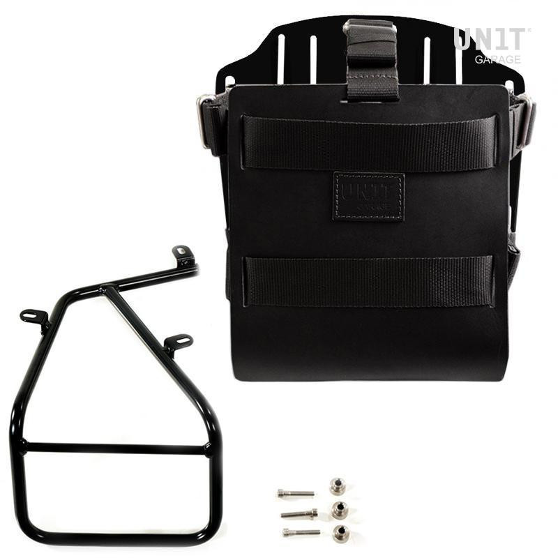 Porte-sacoche latéral en cuir 10L-14L + support droit pour R nineT Cuir noir / Alu noir - L'atelier Bleu Motostore
