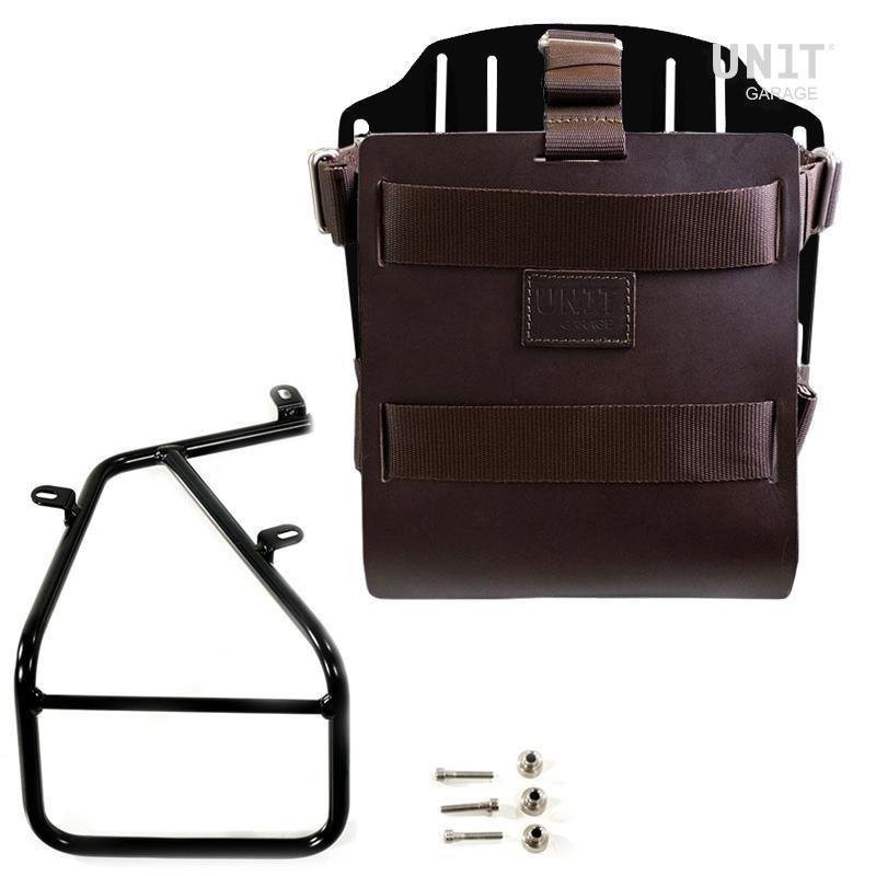 Porte-sacoche latéral en cuir 10L-14L + support droit pour R nineT Cuir marron / Alu noir - L'atelier Bleu Motostore