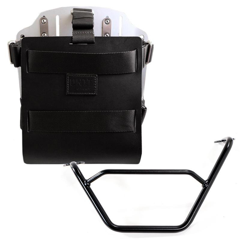 10L–14L leather side pannier holder + left-hand bracket for R 1200GS/GSA and R 1250GS/GSA Black leather / Aluminium