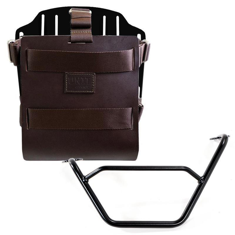 10L–14L leather side pannier holder + left-hand bracket for R 1200GS/GSA and R 1250GS/GSA Brown leather / Black aluminium