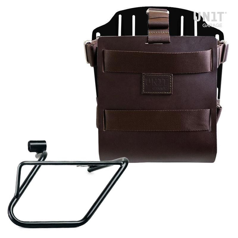 10L–14L leather side pannier holder + right-hand bracket for CE 04 Brown leather / Black aluminium - L'atelier Bleu Motostore