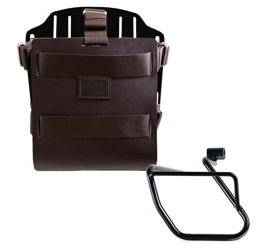 Porte-sacoche latéral en cuir 10L-14L + support gauche pour CE 04 Cuir marron / Alu noir - L'atelier Bleu Motostore