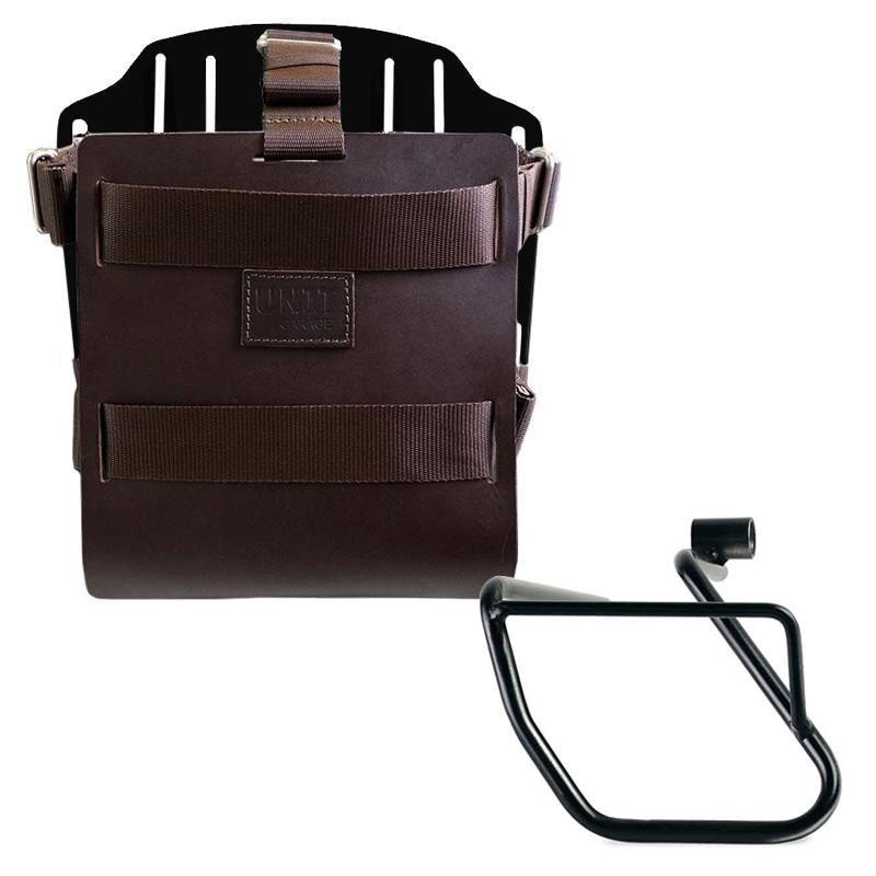 10L–14L leather side pannier holder + left-hand bracket for CE 04 Brown leather / Black aluminium - L'atelier Bleu Motostore