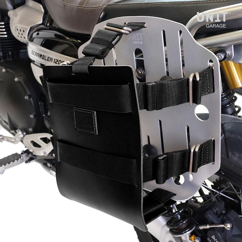 10L–14L leather side pannier holder + left-hand bracket for CE 02 Black leather / Aluminium – L'atelier Bleu Motostore