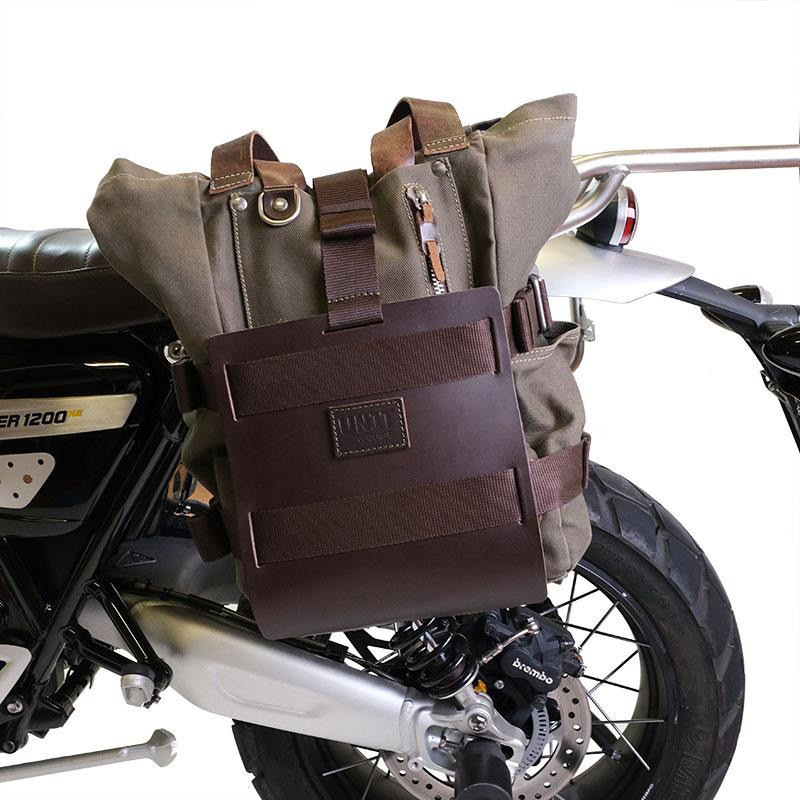 10L–14L leather side pannier holder + left-hand bracket for R 12 Brown leather / Black aluminium - L'atelier Bleu Motostore