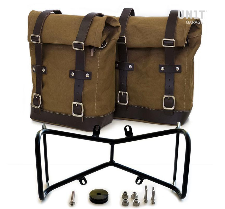 20L–28L canvas side panniers + brackets (symmetrical) for R nineT Beige/Brown – L'atelier Bleu Motostore