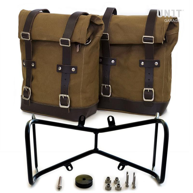 20L–28L canvas side panniers + brackets (symmetrical) for R nineT Beige/Brown – L'atelier Bleu Motostore