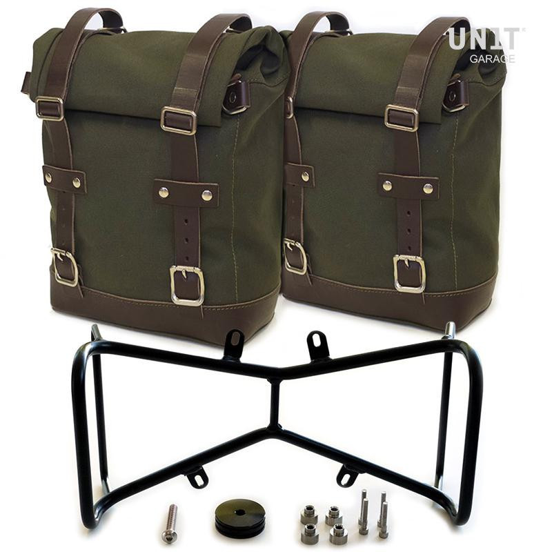 20L–28L canvas side panniers + mounts (symmetrical) for R nineT Green/Brown – L'atelier Bleu Motostore