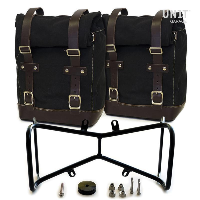 Sacoches latérales en toile 20L-28L + supports (symétrique) pour R nineT Noir/Marron - L'atelier Bleu Motostore