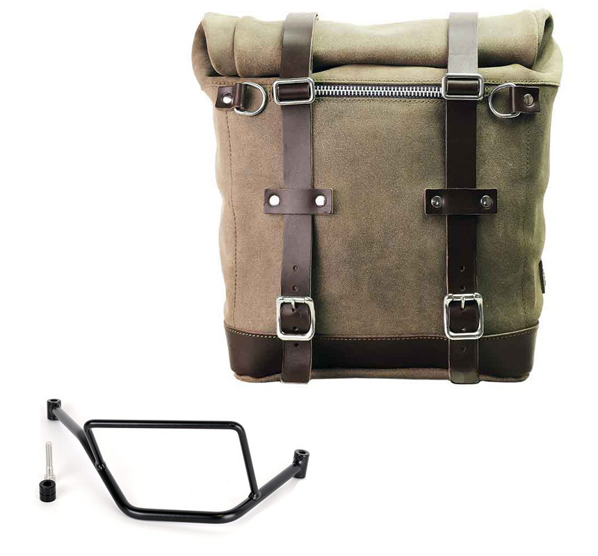 Scram suede side pannier, 22L–30L, with right-hand mount for F 450 GS Moss Grey – L'atelier Bleu Motostore