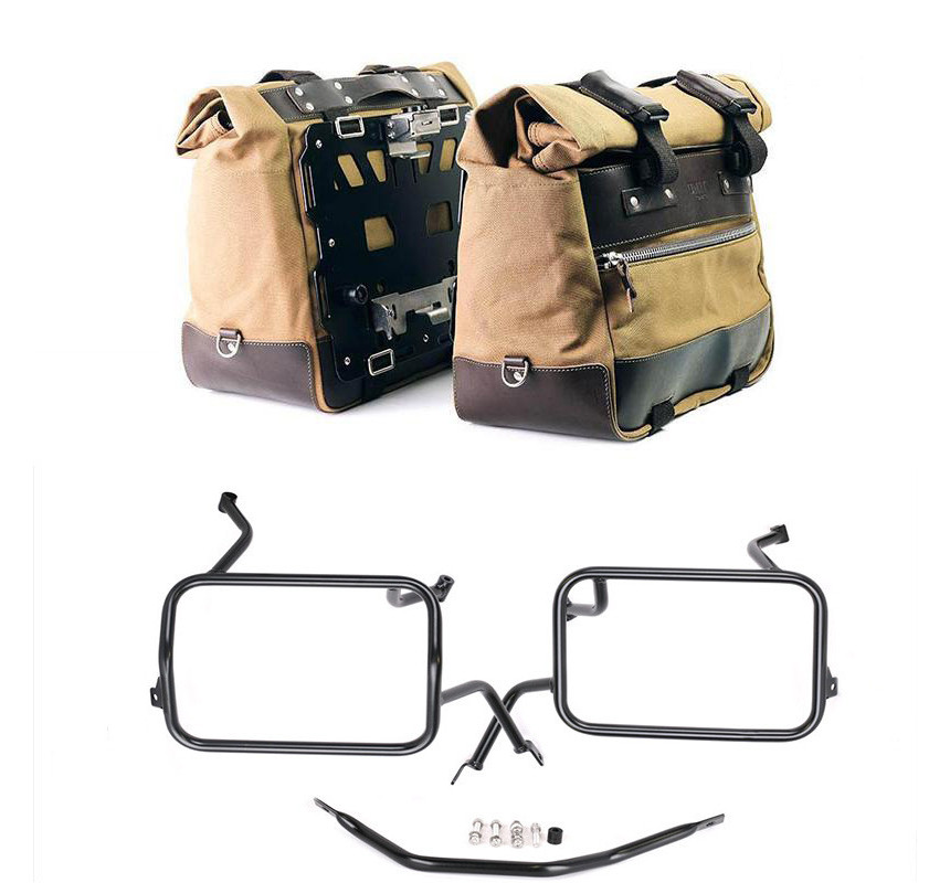 Cult canvas side panniers 40L–50L + Atlas mounts for F 450 GS Beige/Brown – L'atelier Bleu Motostore