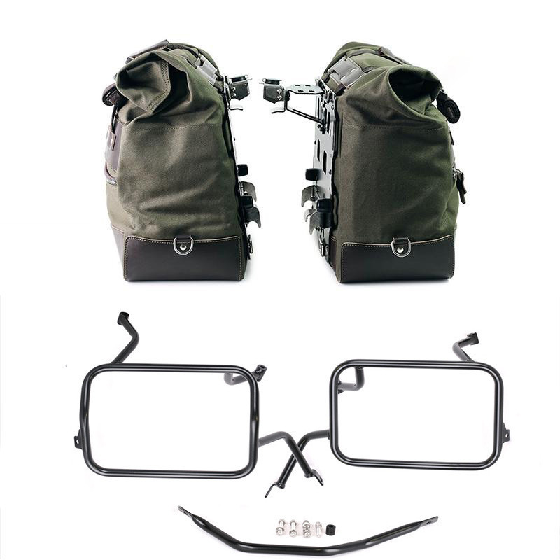 Cult canvas side panniers 40L–50L + Atlas mounts for F 450 GS Green/Brown – L'atelier Bleu Motostore