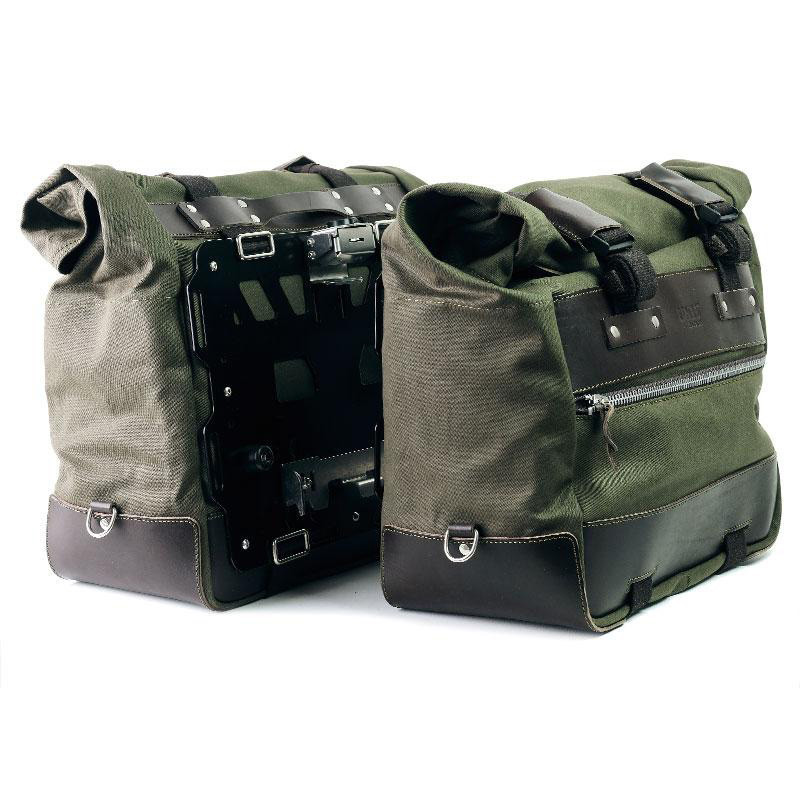 Cult canvas side panniers 40L–50L + lockable mounts for F 900GS Green/Brown – L'atelier Bleu Motostore