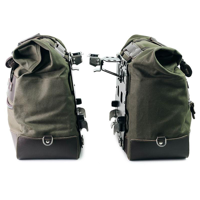 Cult canvas side panniers 40L–50L + lockable mounts for F 900GS Green/Brown – L'atelier Bleu Motostore