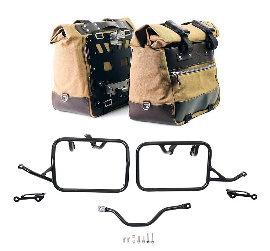 Sacoches latérales Cult en toile 40L-50L + paire de plaques aluminium + supports pour R 12 G/S Beige/Marron
