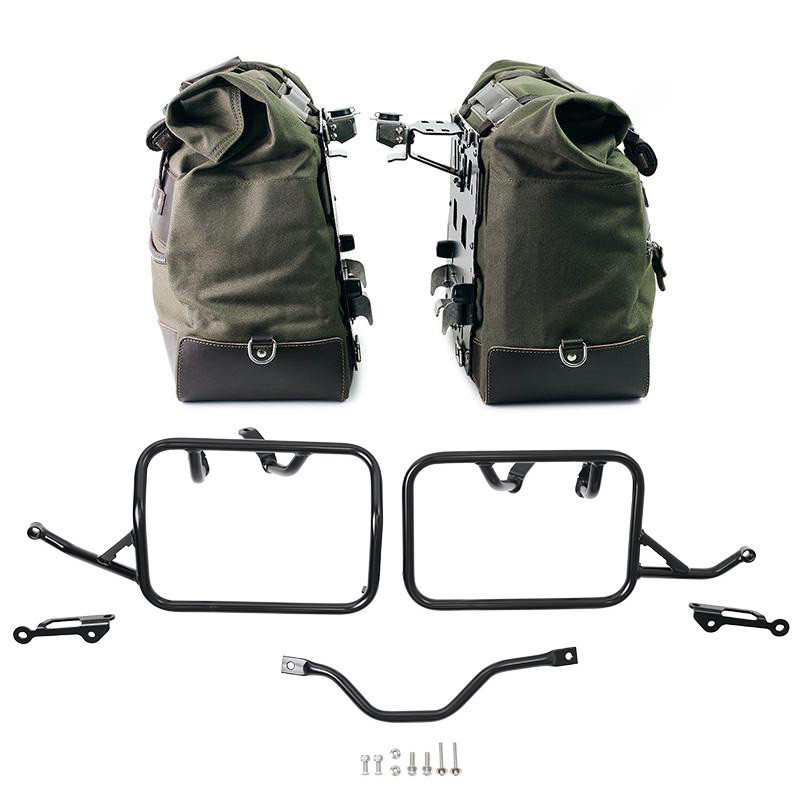 Cult canvas side panniers 40L–50L + pair of aluminium plates + mounts for R 12 G/S Green/Brown