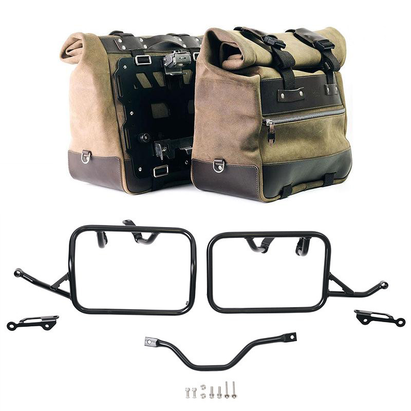 Cult suede side panniers, 40L–50L, plus a pair of aluminium plates and brackets for the R 12 G/S Moss Grey