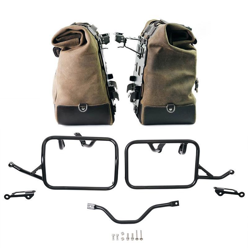Cult suede side panniers, 40L–50L, plus a pair of aluminium plates and brackets for the R 12 G/S Moss Grey
