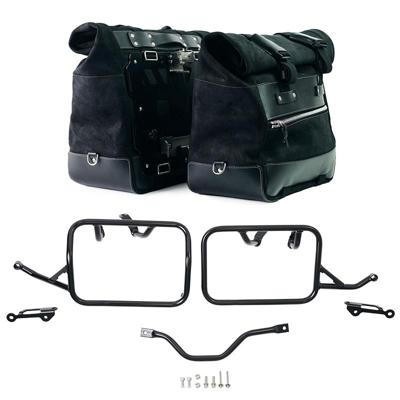 Cult suede side panniers, 40L–50L, plus a pair of aluminium plates and brackets for the R 12 G/S Jetblack