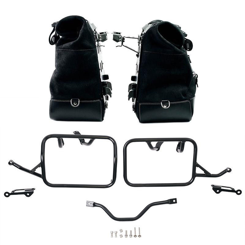 Cult suede side panniers, 40L–50L, plus a pair of aluminium plates and brackets for the R 12 G/S Jetblack